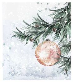 a christmas ornament hanging from a tree branch with snow falling on the ground