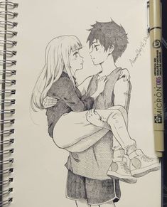 a drawing of two people hugging each other in front of a spiral notebook with a pen