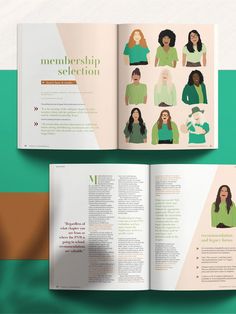 an open book with images of women in green sweaters on the cover and inside