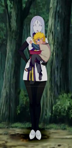 an anime character holding a child in the woods