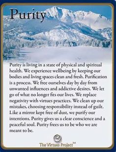 a card with the words purify written in front of snow - capped mountains