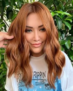 Two Dimensional Hair Color, Dark Base With Copper Balayage, Brown Roots With Red Hair, Copper Gold Balayage, Blonde To Red Hair Transformation, From Blonde To Red Hair Before And After, Red Hair Lob, Copper Hair Transformation, Balayage Hair Red