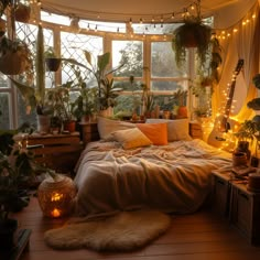 a bedroom with lots of plants and lights