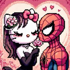 a cat and spiderman kissing each other in front of a heart shaped frame with hearts