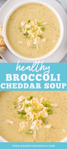 healthy broccoli cheddar soup in a white bowl