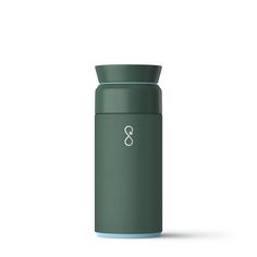 thermos bottle is green and has a white logo on it's side