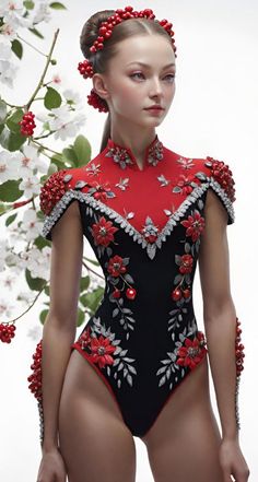 a woman in a red and black bodysuit with flowers on her head is standing next to a tree