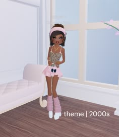 a girl is standing in front of a couch wearing pink boots and a leopard print top