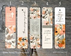 four bookmarks with flowers on them and the words, bible verses - peach neutral