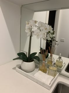 a white sink sitting under a mirror next to a vase with flowers on top of it