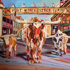 an oil painting of cows walking in front of a sign that reads first ward stock yard