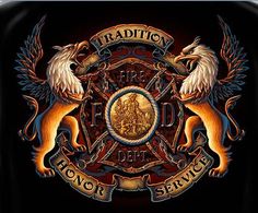 a fire department emblem with two lions and an eagle in the center on a black background