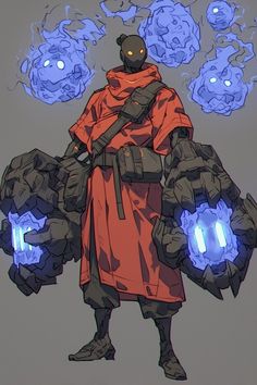 a man in an orange coat holding two blue glowing orbs with his hands behind him