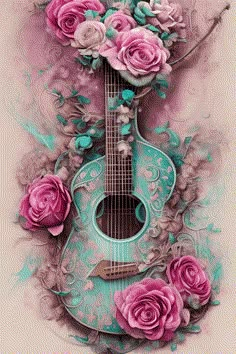 an acoustic guitar with pink roses on it