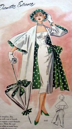 1950s Fashion Illustration Sheath Dress Outfit, Dresses 20s, Suit Details, Dress Maker, Edith Head, Vintage Polka Dot Dress, Barbie Ideas, Dresses 1950s, 1950 Fashion