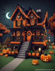 an image of a halloween house with pumpkins around it