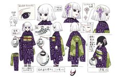 an anime character with white hair, wearing purple clothing and holding a vase in her hand