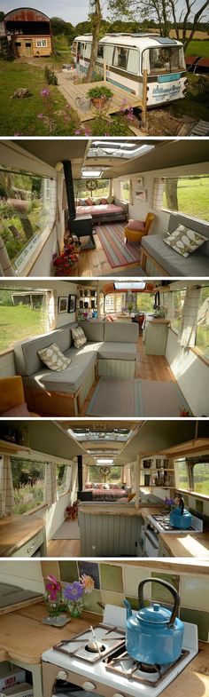 the inside of an rv with lots of furniture and accessories in it's interior