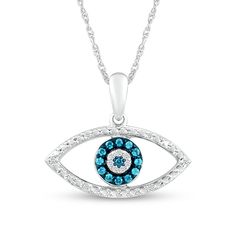 Carry a symbol of luck and protection when you wear this blue and white diamond evil eye pendant. Created in sterling silver The center shimmers with a blue diamond wrapped in halos of white and blue diamonds. The open eye-shaped frame shimmers with white diamonds and beaded details. This 1/10 ct. t.w. diamond pendant suspends along an 18.0-inch rope chain that secures with spring-ring clasp. Blue Diamond Necklace With Diamond Accents Gift, Blue Diamond Accents Necklace For Gift, Blue Cubic Zirconia Diamond Pendant Necklace, Blue Diamond Pendant Necklace Gift, Diamond White Pendant Jewelry With Diamond Eyes, Diamond White Jewelry With Diamond Eyes Pendant, Blue Diamond Cut Necklace For Gift, Blue Diamond Evil Eye Jewelry, Blue Diamond Pendant Necklace In Sterling Silver