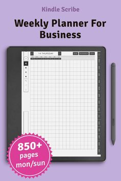 the kindle planner for business is shown on a purple background with a pen and clipboard