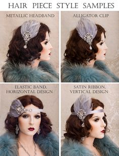 Great Gatsby 1920s style feather flapper headband made with gray feathers and a stunning vintage inspired crystal brooch. This hair piece will be perfect for your roaring 1920s theme costume party. Feathers are available in gray, black, red and ivory colors. The brooch is available in silver, gold and rose gold colors. This hairpiece can be made on elastic band, satin ribbon, metallic headband or alligator hair clip. Please check the past picture for hair piece styles. In case if elastic band or Feather Hair Accessories, Headpiece Art, Great Gatsby Headpiece, Flapper Hair, Gatsby Hair, 1920s Headband, Gatsby Headpiece, Flapper Headpiece, Gatsby Headband