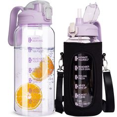 a water bottle with a strap around it and an orange in the front, on a white background