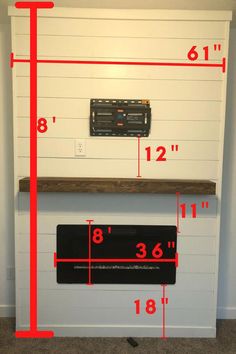 the measurements for a wall mounted shelf are shown in red and black with numbers on it