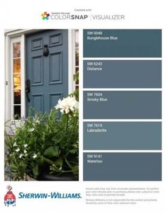 the color scheme for this front door is blue and has white flowers in pots on it