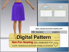 This pattern is not for sewing. It is for CLO3D & Adobe Illustrator. Accordion Pleated Skirt Pattern: these files are prepared for CLO3D and Adobe Illustrator Digital file ready for bringing into CLO3D or Adobe Illustrator software and you can alter to meet your need as a fashion designer.  File delivered as a zip folder that includes pdf, dxf, and csv. You will receive: 1 pleated skirt pattern is in a dxf format 1 pleated skirt pattern is in a pdf format 1 pleated skirt spec is in csv format Qu Evening A-line Skirt With Accordion Pleats, Summer Knee-length Accordion Pleated Skirt, A-line Pleated Skirt With Voluminous Accordion Pleats, Voluminous A-line Accordion Pleats Skirt, Spring Midi-length Accordion Pleats Skirt, Accordion Pleated Skirt, Pleated Skirt Pattern, A Fashion Designer, Marvelous Designer