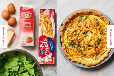 an egg pie, spinach and eggs on a table with some other ingredients to make it