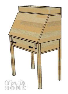 a drawing of a wooden desk with one drawer on the top and two drawers on the bottom