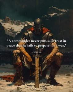 a painting of a knight sitting in the snow with a quote from sefeca