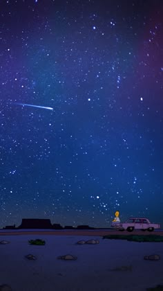 a car is parked under the stars in the night sky with an airplane flying overhead