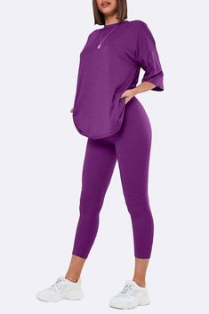 Lounge around in style this season in this must-have tee and legging set. R ock this lounge set on those lazy Sundays for a laidback- comfy look. Buy Clothes Online, Purple Leggings, Top Measurements, Leggings Set, Clothing Retail, Printed Trousers, Co Ords, Co Ord Set, Pink Tshirt