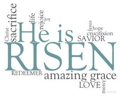 the word he is risen written in different languages on a white background with blue lettering