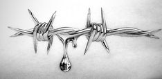 a drawing of barbed wire with drops of water dripping from the top and bottom ends