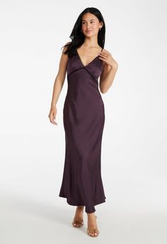 Lace Trim Maxi Slip Dress Dark Plum Dress, Elegant Maxi Dresses For Night Events, Elegant Maxi Length Dresses For Night, Elegant V-neck Maxi Dress For Night, Elegant Nighttime Spring Maxi Dress, Chic Maxi Dresses For Night, Chic Maxi Length Night Dress, Chic Night Maxi Dress, Plum Clothes