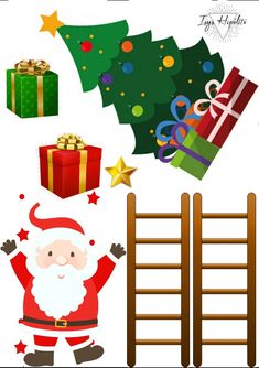 santa claus and christmas tree with presents on the ladders clipart cut file for cricut