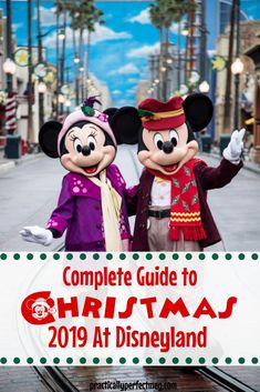 two mickey and minnie mouse characters standing next to each other with the title, complete guide to christmas 2019 at disneyland