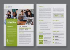 two page brochure design with people working on laptops in front of them