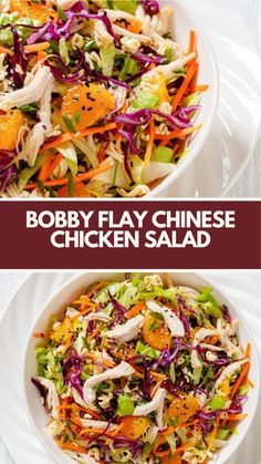 two bowls filled with different types of salads and the words bobby flay chinese chicken salad