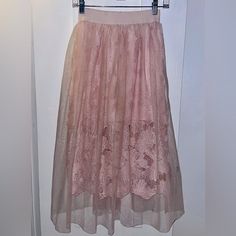 This Beautiful Skirt Has Never Been Worn. It’s Perfect For A Date Night, A Wedding Or A Summer Day Out! Spring Sheer Mini Skirt, Spring Sheer Maxi Skirt, Sheer Lace Skirt For Spring, Pink Lace Skirt For Spring, Sheer Maxi Skirt For Spring, Sheer Feminine Skirt For Spring, Spring Lace Bottoms With Tulle Skirt, Feminine Sheer Skirt For Spring, Pink Lace Tiered Skirt