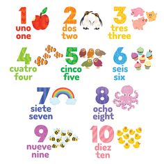 an image of numbers and animals for children to learn in the english speaking language, including one