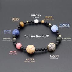 Become the center of your own universe with this unique Solar System Miniverse Bracelet. Don't you want to take control of your life, influence others, and make positive changes? Embody the Sun's characteristics - providing light and nurturing life - by wearing this stunning bracelet, featuring miniature representations of our solar system's celestial bodies. Why You'll Love It All 9 planets in your wrist: The bracelet contains miniature models of all the planets in the solar system. Each planet Solar System Bracelet, The Center Of The Universe, Center Of The Universe, Pink Agate, Bracelet Sizes, Solar System, Cute Jewelry, Diy Bracelets, Lapis Lazuli