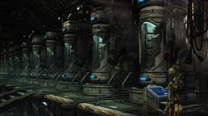 a sci - fi environment with lots of machinery and blue lights