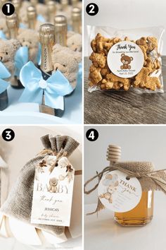 four pictures showing different types of items for baby shower favors and gifts to give them