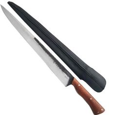 two large knives with wooden handles on each side, one is black and the other is brown