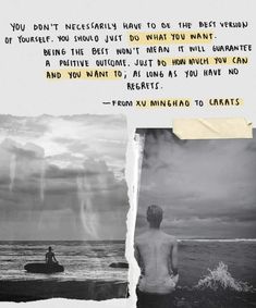 a man sitting on top of a surfboard in the ocean next to a torn piece of paper