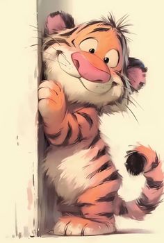 a drawing of a tiger leaning against a wall with its paw on the door handle