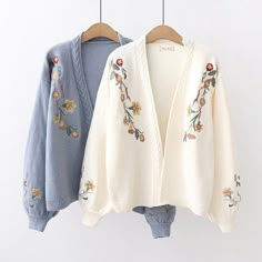 Jumper Embroidery, Floral Puff Sleeve Top, Lantern Sleeve Sweater, Knit Coat, Jacket Cardigan, Embroidered Cardigan, Embroidery Floral, Floral Cardigan, Floral Knit